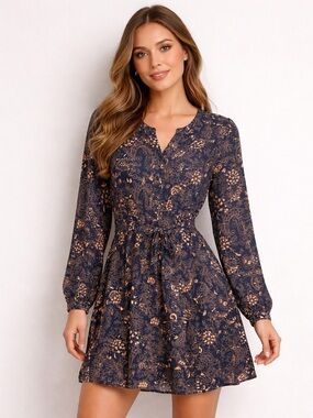 Time and Tru NWT Navy Floral Boho Mini Dress M Tie Waist Long Sleeve Chic